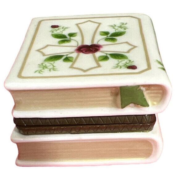 1993 Avon Bible Hinged Limoge trinket box God Bless You on the inside appx 2x2x1 - Picture 3 of 10